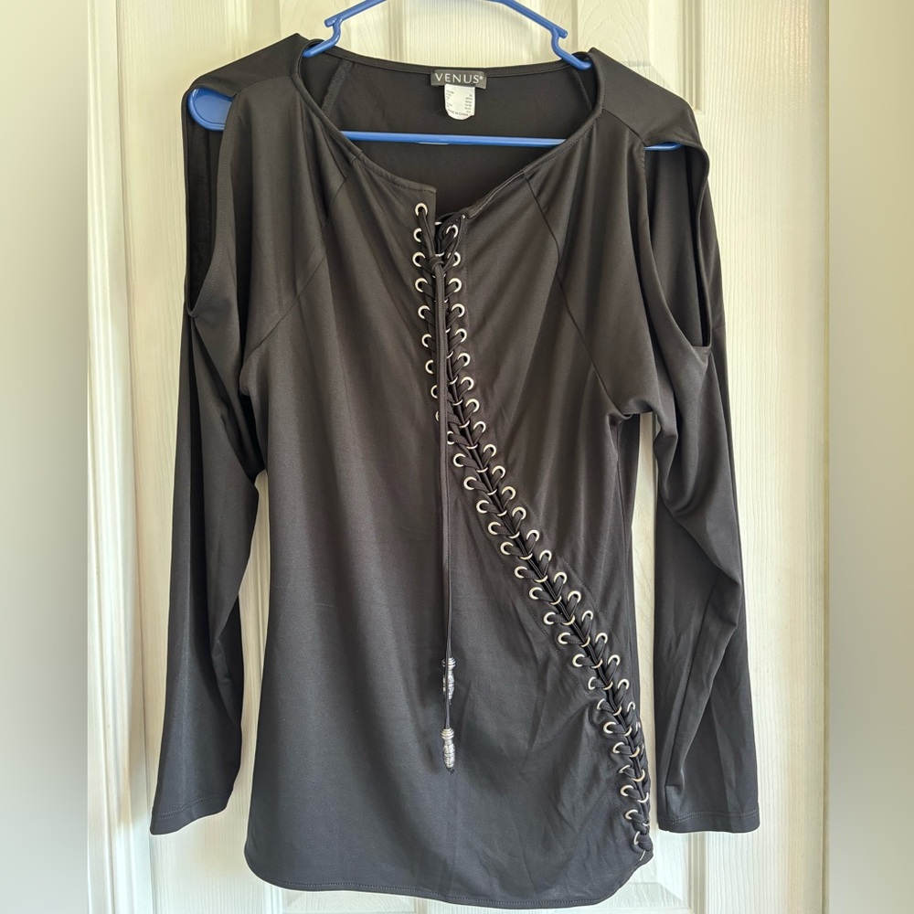 VENUS Black Asymmetrical Lace-Up Blouse